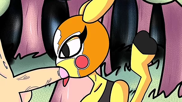 Cartoon-Pornoparodie – weibliches Pikachu lutscht einen dicken Schwanz im Wald