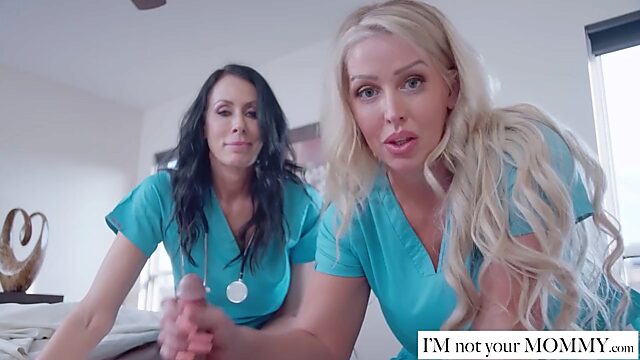 Busty MILF nurses suck long dick of their patient, and offer Threesome