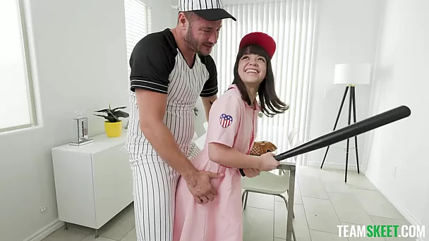 Tiny Asian Baseball Player Rather Have the Trainer's Cock In Her Pussy Than a Bat In Her Hands