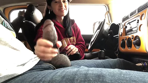 A black stallion seduced his sexy chick for public masturbation right in the car.