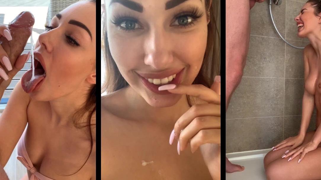 Beautiful girl sucks cock, eats sperm and gets golden shower