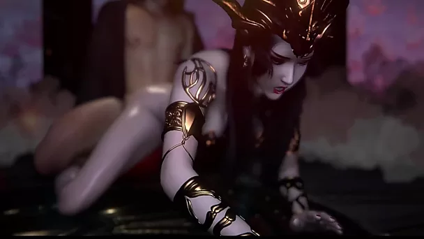 3D порно с китайским asmr: сексуальная стройная грудастая королева Медуза наслаждается трахом раком и горячей поездкой