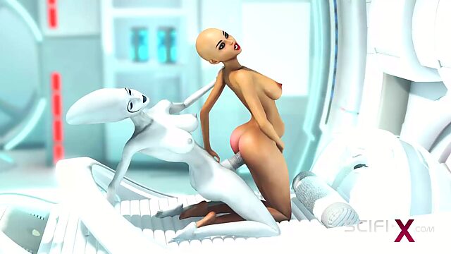 Bald 3D MILF captured by aliens for horny experiments with blue-skinned shemale