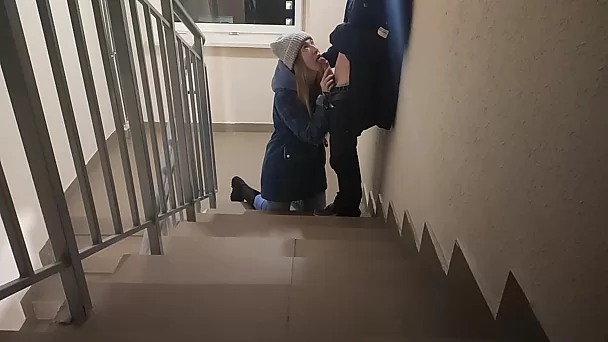 Russian skinny teen sucks cock in the entrance and invites for oral sex