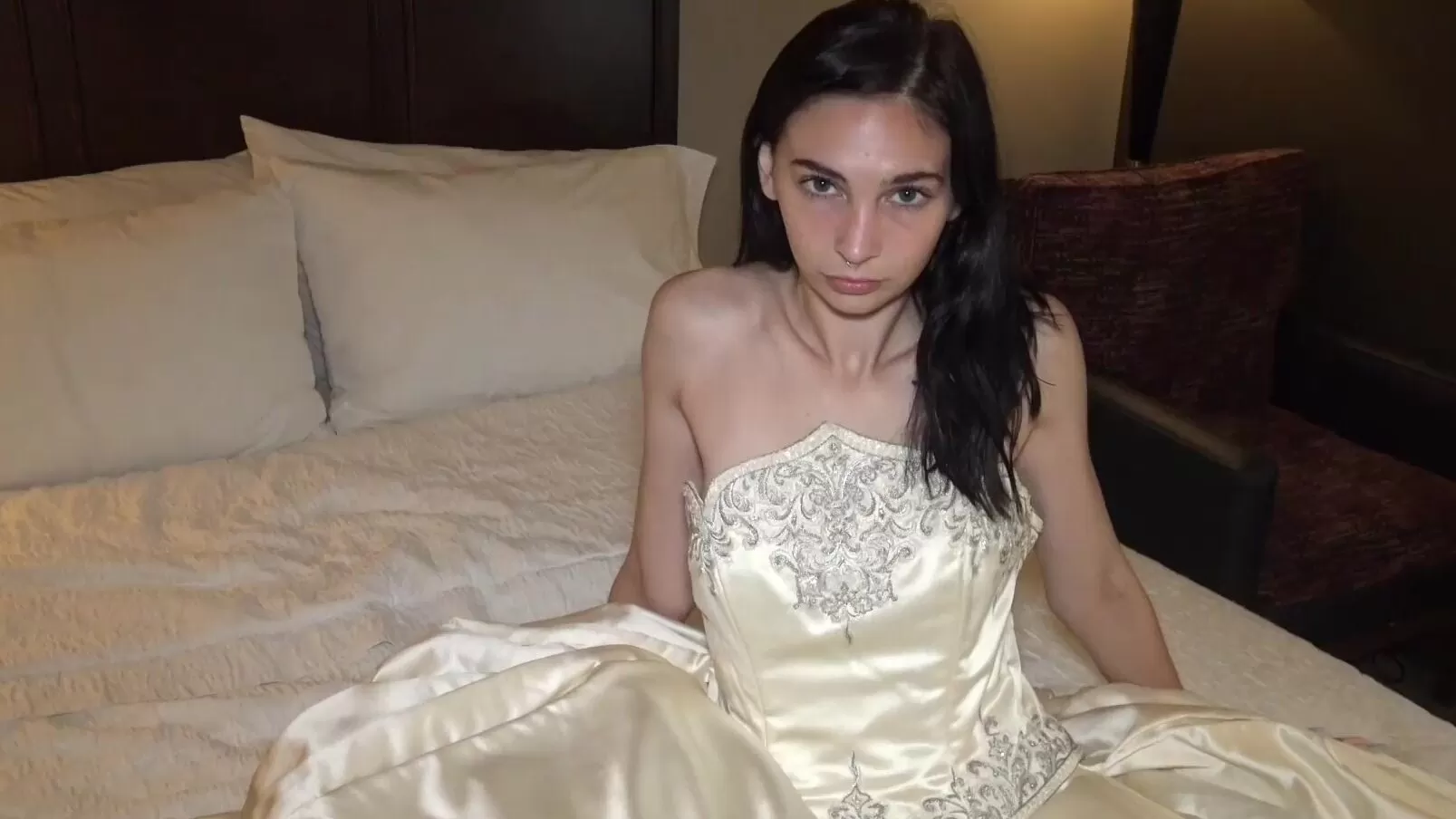 Pretty Slim Brunette In the Wedding Dress Cucks Her Hubby To Punish Him For  Cheating On Her