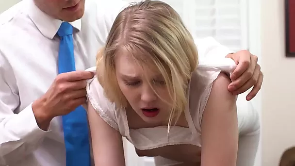 Teen masturbates on teacher's table and gets her slit nailed hard