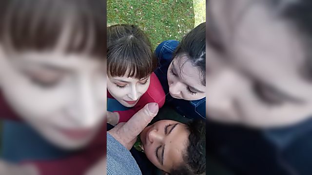 Horny girls share big dick and make triple outdoor blowjob to their good friend