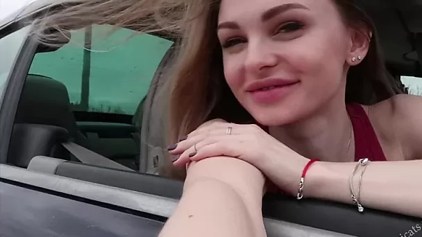 Sexy tranny fucks cis girl Milla in the car after oral sex in public
