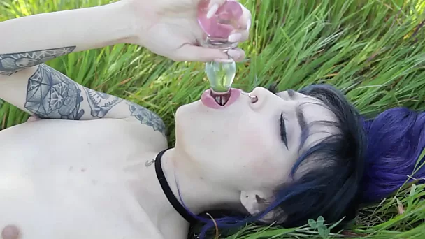 EMO Girl with skinny body fucks herself with sex toy during passionate outdoor masturbation
