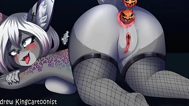 Zusammenstellung einer Halloween-Orgie mit pelzigen weiblichen Kreaturen, die alle Arten von Sex genießen