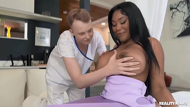Ebony cougar seduces nerdy masseur into interracial fuck