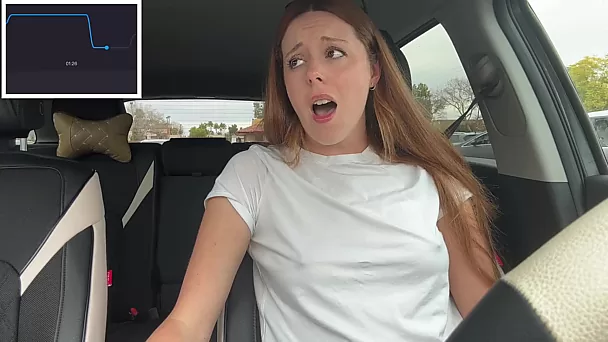Cute redhead cums from vibrator stimulation in car