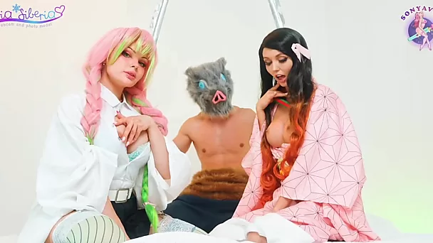 Delicious cosplayer chicks share demon's cock