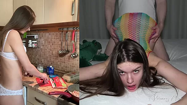 Split screen of fucking and cooking with Princess Alice