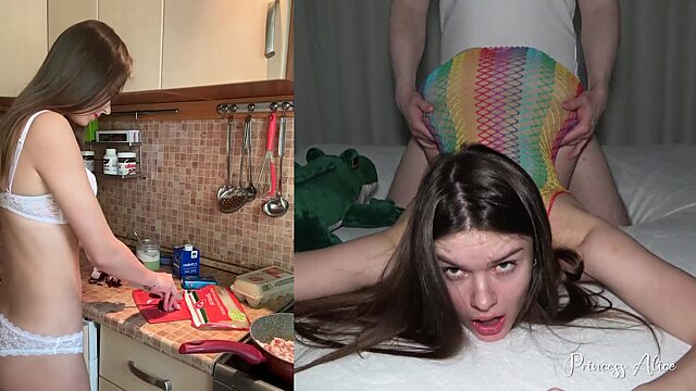 Split screen of fucking and cooking with Princess Alice