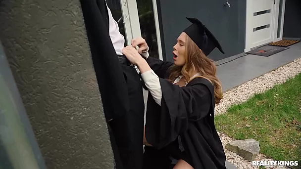 Horny Blonde Little Angel got caught on a graduation party being fucked anal from behind