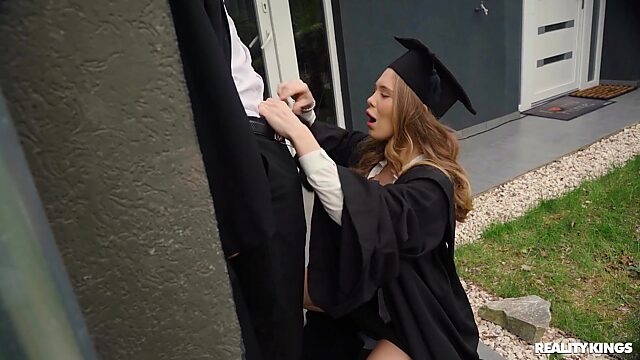Horny Blonde Little Angel got caught on a graduation party being fucked anal from behind