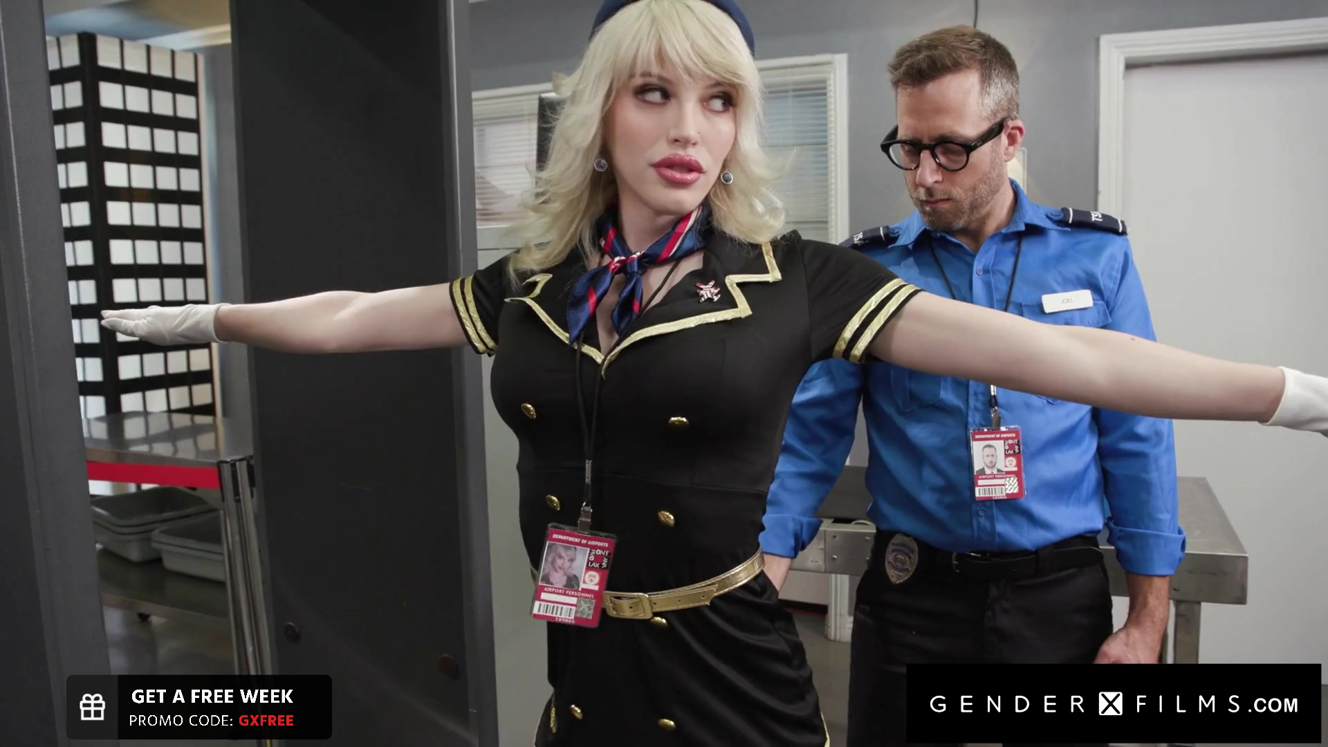 Shemale stewardess Izzy Wilde didnt pass through the metal detector  because of a plug in her ass