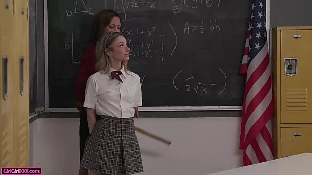 Charming petite schoolgirl has fun with her lesbian teacher