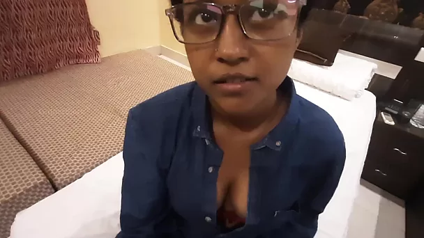 Nerdy Indian student rides a dick and gets a juicy creampie in her pussy.