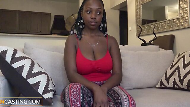 Appetizing Ebony shakes big naturals on a porn casting - African Casting