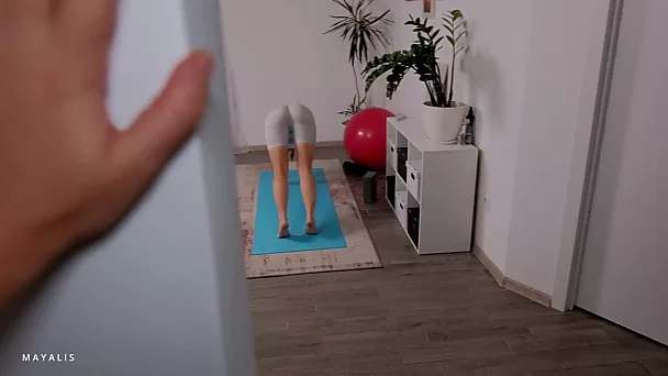 Yoga without panties in front of stepbrother ends with hot quickie