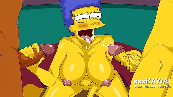Marge simpson doblemente penetrada por carl y lenny mientras homer trabaja hasta tarde.