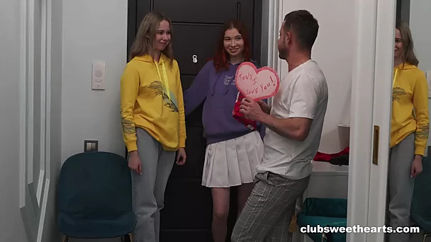 Russian twins Mia and Alice Murkovski fuck one boyfriend on St Valentines day
