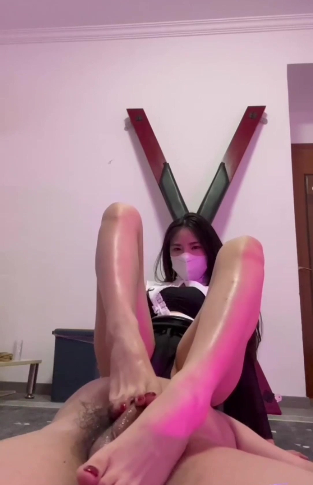 chinese-mistress cfnm Asian mistress plays with her slave's dick, humiliates it and does footjob