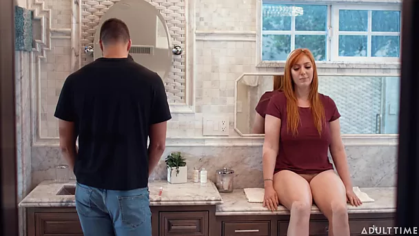 Hot redhead milf with huge boobs gets fucked by a masculine handsome stepson