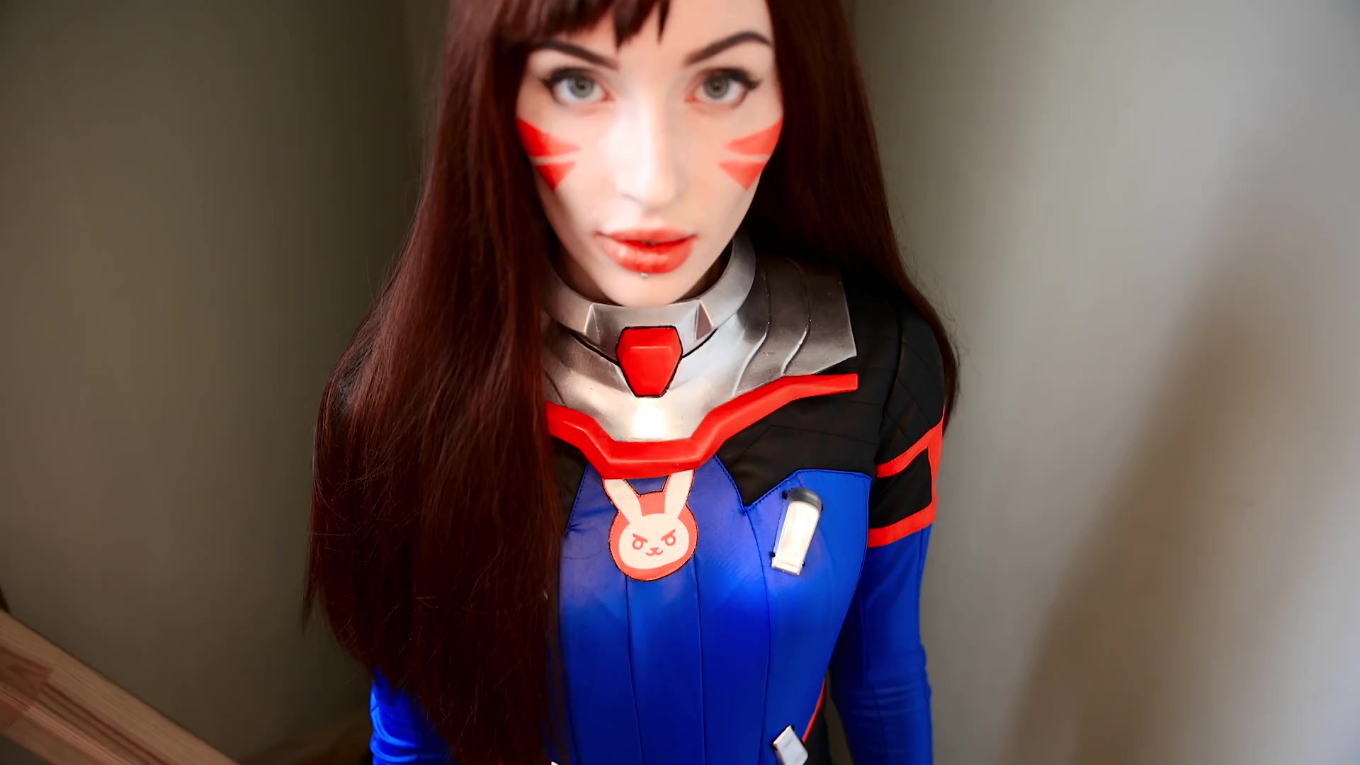 Beauty teen girl in an Overwatch outfit sucks sloppy a dildo POV