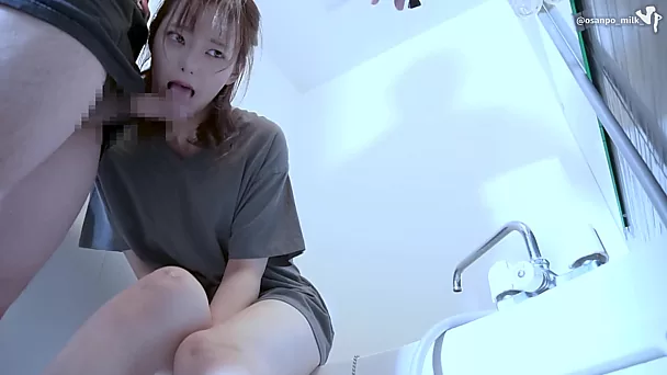 Follower fucks pretty Asian girl in mouth in the bathroom and then penetrates pussy