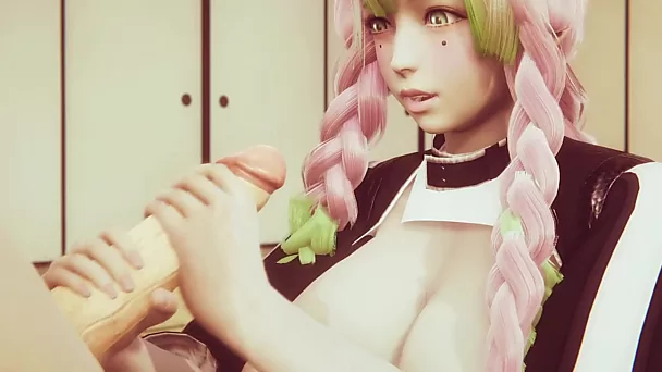 Anime porno 3D : Mitsuri Kanroji (tueur de démons) sexy aux gros seins fait une branlette, une pipe et chevauche une grosse bite