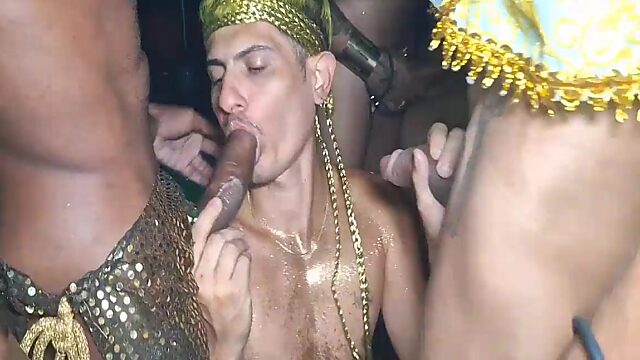 Pervy Brazilian dudes suck and ride dicks in huge carnival gay orgy