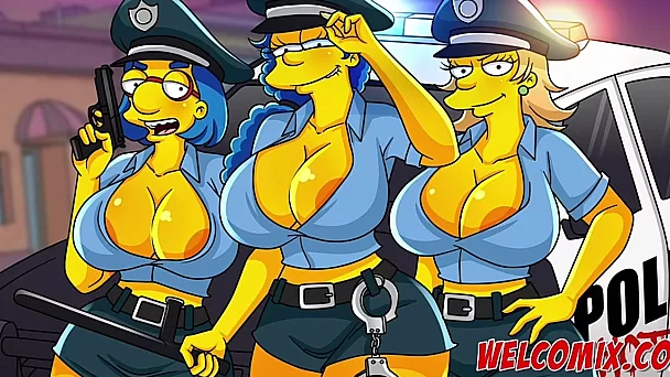 シンプトゥーンズのポルノ漫画: 3 人のセクシーな豊満な女性警官がバートとその仲間たちと乱交セックスを楽しむ