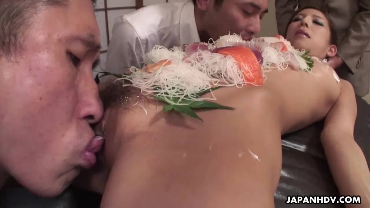 Japanese secretary covered with food and her colleagues lick pic image