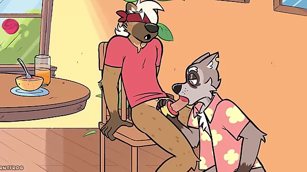 Dibujos animados peludos gay 'citrus shenaningans': un lobo usa una toronja para complacer la polla de su novio