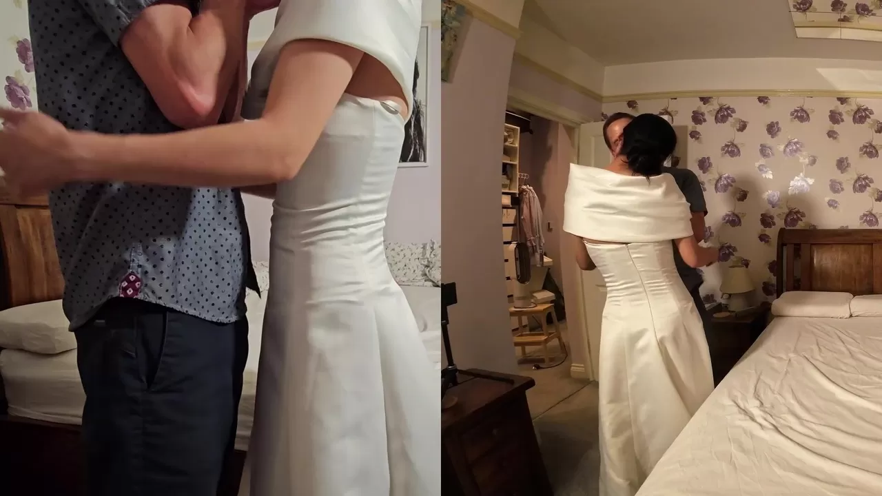 It was our nineteenth wedding anniversary. I've never had sex in my wedding dress so I thought I'd wear it for my boyfriend to break my husband's heart. You can see how hard it made them both.