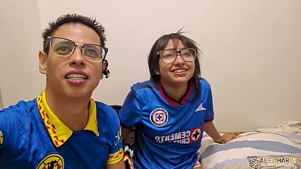 Adorable petite latina babe wearing glasses and t shirt gets fucked by her skinny boyfriend