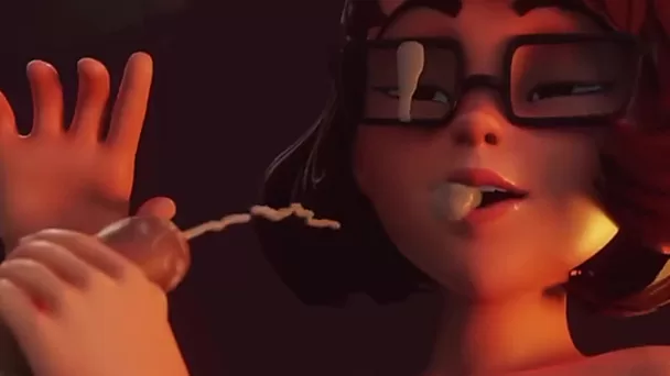 3d animated cartoon of busty Velma sucking and riding a cock in POV