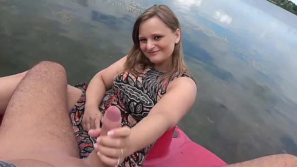 Thick blonde gets fucked on a pedalboat in the lake pov