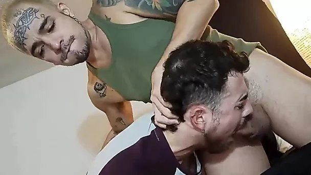 Hunky Tattooed Dude Deepthroats, Rims, Fucks And Creampies His Brazilian Friend With a Big Ass