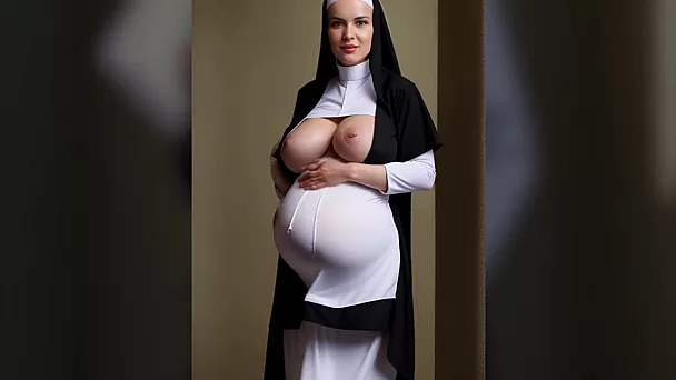 Une nonne enceinte plantureuse et courbée générée par l'IA montre ses melons mûrs et son énorme ventre sous tous les angles