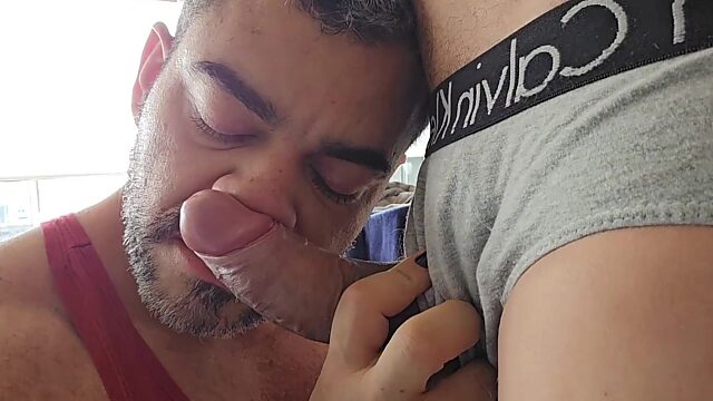 Fat Brazilian DILF Sniffs & Sucks His Friends Fat Meaty Cock