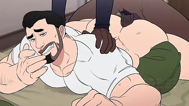 2d desenho animado gay: twink negro curte sexo interracial quente com seu futuro chefe dilf