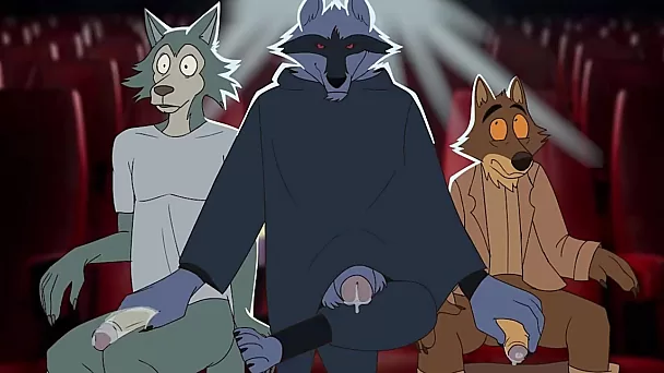 Desenho animado gay peludo: lobo dilf se diverte gay com dois lobos twink no cinema