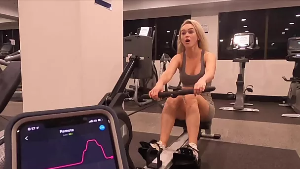 Hidden vibrator in her pussy and work out at gym