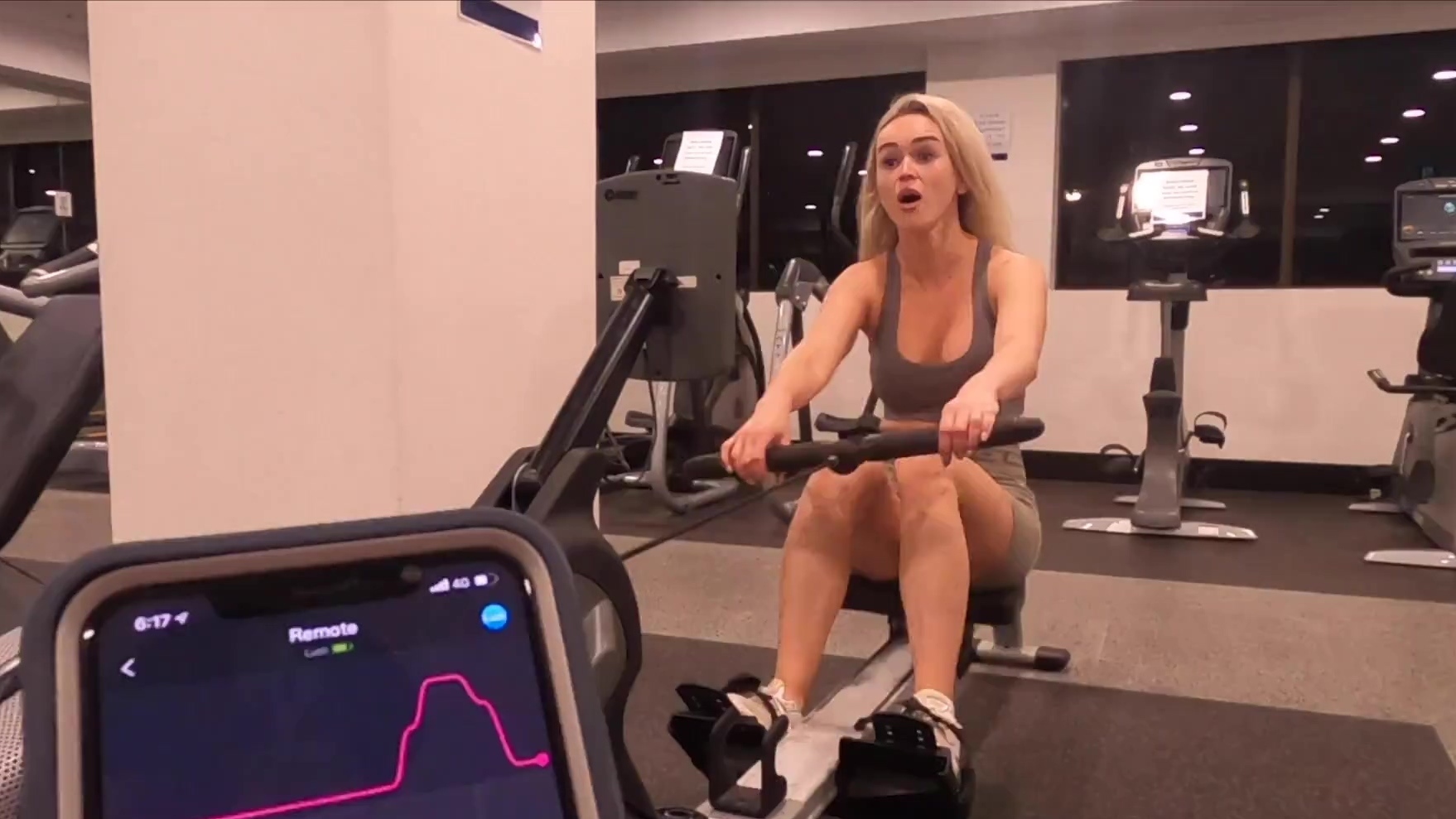 Hidden vibrator in her pussy and work out at gym