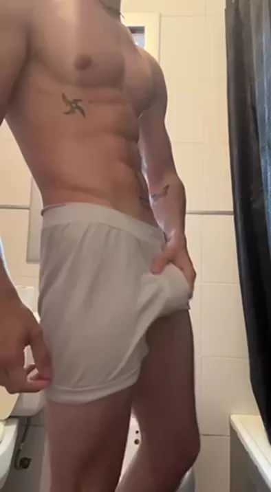 흰 복서 팬츠를 입고 bulge