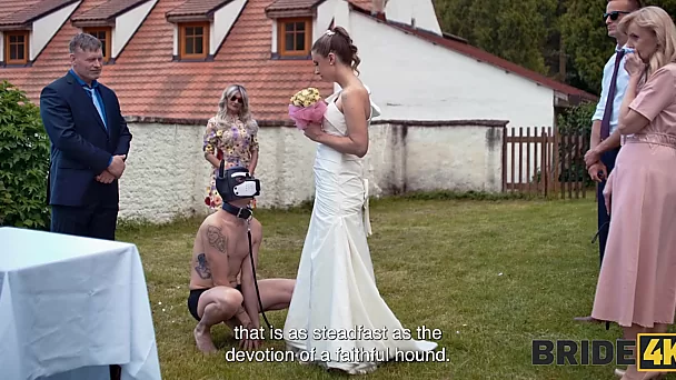 Bride pulls her dress up and let him eat her pussy in front of guests